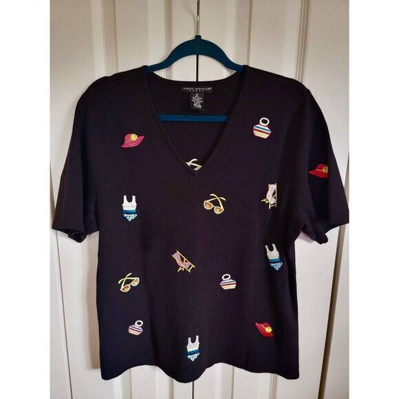 Sarah Spencer Woman 1X Womans Sweater Black Short Sleeve Knit V-Neck Embroidered - Picture 1 of 7